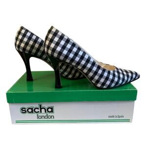 Black and White Gingham Check Sasha London 3.5" Solid Black Heel Original Box 8M